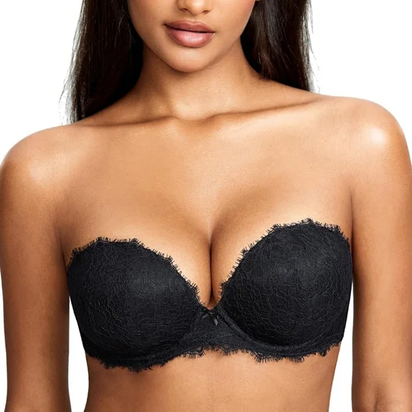 DOBREVA Women's Strapless Push Up Bra Lace  Plunge Padded Underwire Bra 32DD - Picture 3 of 10